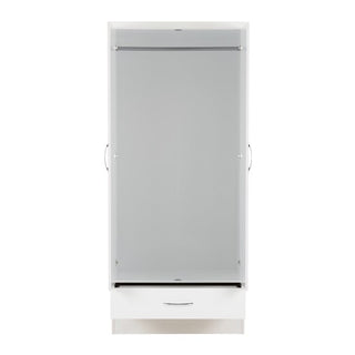 The CHOICEWARDROBE Modara White 2 Door 1 Drawer Wardrobe with Mirror features high gloss finish, a single hanging rail, two side handles, a bottom drawer with curved handle, and is photographed against a plain white background.