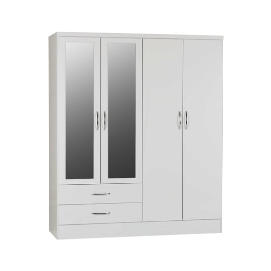 White 4 door wardrobe with 2 drawers and 2 mirrored panels, silver handles