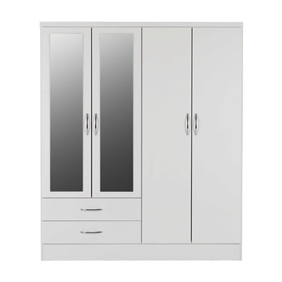 White 4 door wardrobe with twin full-length mirrored doors and 2 drawers with silver handles.