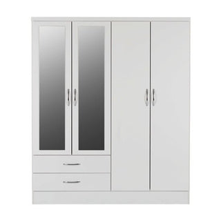 The CHOICEWARDROBE Modara White 4 Door Wardrobe features silver handles, two mirrored doors, and two left-side drawers for modern bedroom storage.