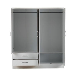 The CHOICEWARDROBE Modara White 4 Door Wardrobe has two sections: the left with a hanging rod and two drawers, the right with a hanging rod above and a large shelf below, plus twin full-length mirrors for modern bedroom storage.