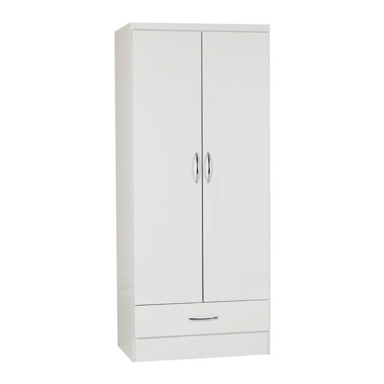 White gloss 2 door, 1 drawer wardrobe with silver handles