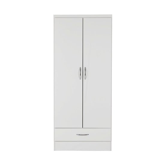 Modara White Gloss 2 Door 1 Drawer Wardrobe with oak frame, silver handles.
