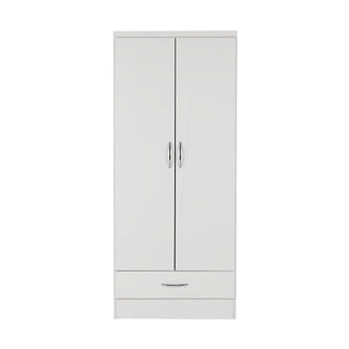 The CHOICEWARDROBE Modara White Gloss 2 Door 1 Drawer Wardrobe features silver handles and a single bottom drawer—ideal as modern, compact bedroom storage. Displayed against a plain white background.