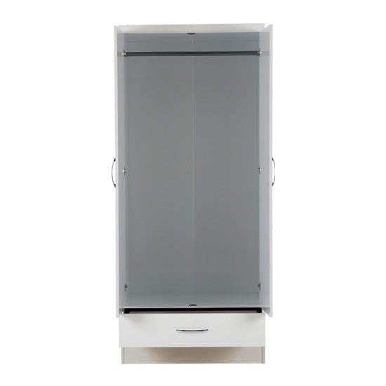 Open white gloss Modara wardrobe with hanging rail and drawer visible