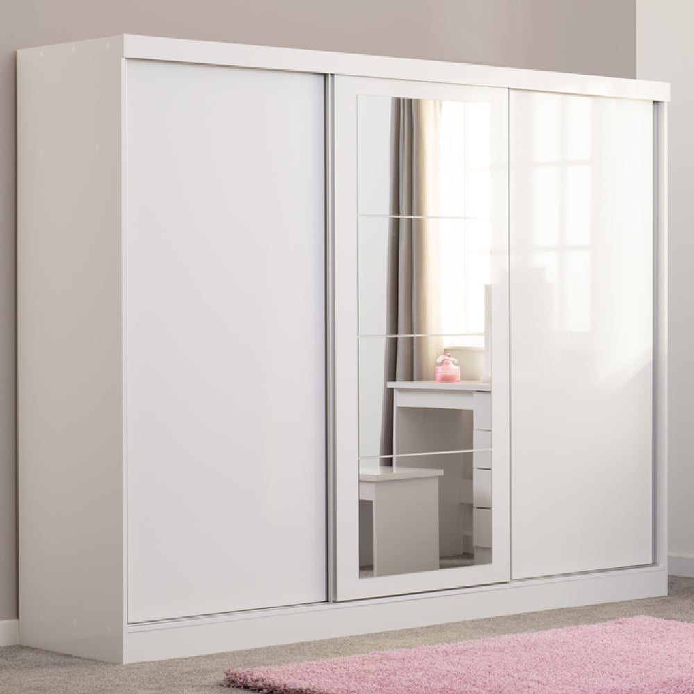 CHOICEWARDROBE Modara White Gloss 3 Door Sliding Wardrobe with Mirror (242.5cm wide)