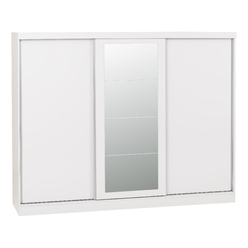 White gloss 3-door sliding wardrobe with mirrored centre panel, 242.5cm wide.