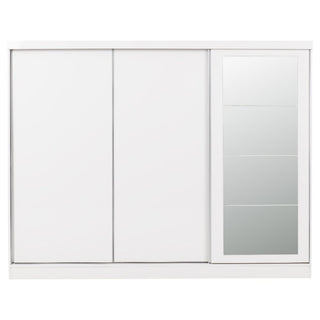 The CHOICEWARDROBE Modara White Gloss 3 Door Sliding Wardrobe – 242.5cm wide – features space-saving sliding doors and a mirrored vertical section on the right with four rectangular panels.