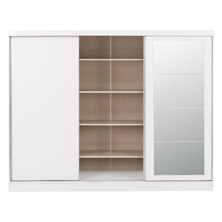 The CHOICEWARDROBE Modara White Gloss 3 Door Sliding Wardrobe with Mirror (242.5cm wide) offers space-saving sliding doors, open shelves with a beige interior on one side, and a full-length mirror. Its simple, modern design suits any room.