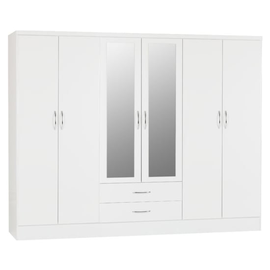 White high gloss six door wardrobe with two mirrored doors and two visible drawers