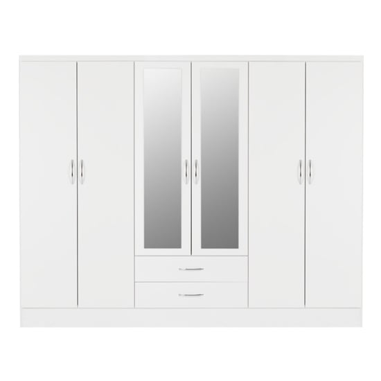 White 6 door wardrobe with central mirrors and two visible drawers, 230cm wide.