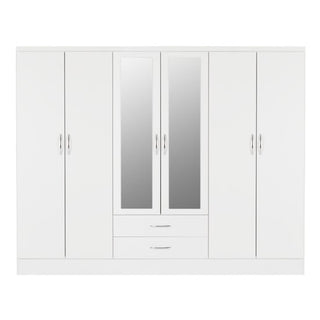 ChoiceWardrobe Modara 6 Door Wardrobe in White High Gloss finish with central mirrors and drawers, 230cm wide