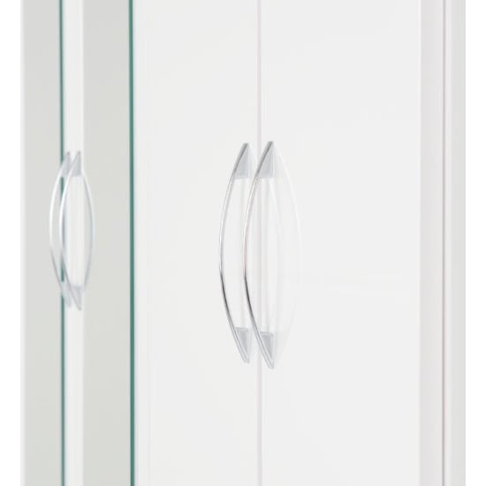 Close-up of modern chrome leaf handles on a white gloss wardrobe door.