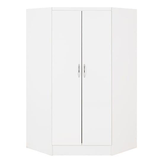 White gloss two-door corner wardrobe with a modern, space-saving design.