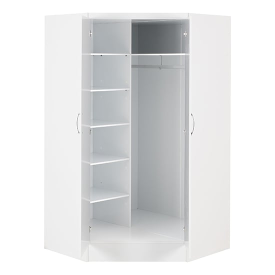 Interior of Modara white high gloss corner wardrobe showing hanging rail and multiple storage shelves