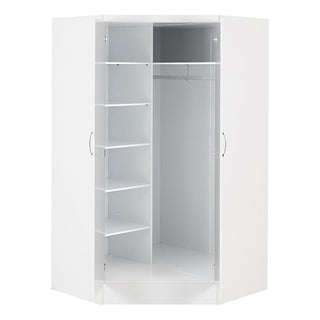 Inside of Modara corner wardrobe showing hanging rail and multiple storage shelves with high gloss white interior finish.