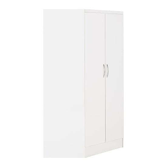 White high gloss two-door corner wardrobe, angled view for compact bedroom corners