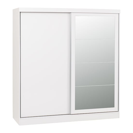 White high gloss sliding door wardrobe with one mirrored door section featuring horizontal panels.