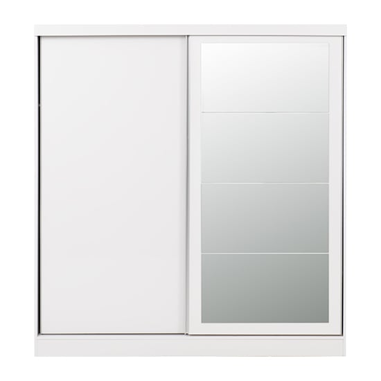 Two-door white gloss sliding wardrobe with a full-length mirrored right door.