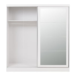 The CHOICEWARDROBE Modara White High Gloss Sliding Door Wardrobe features a mirrored 2-door design, one open section with hanging rail and shelf, and modern bedroom storage with a sleek horizontal panel look.