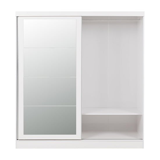 White gloss 2-door sliding wardrobe with left mirrored door and right open storage with shelf.