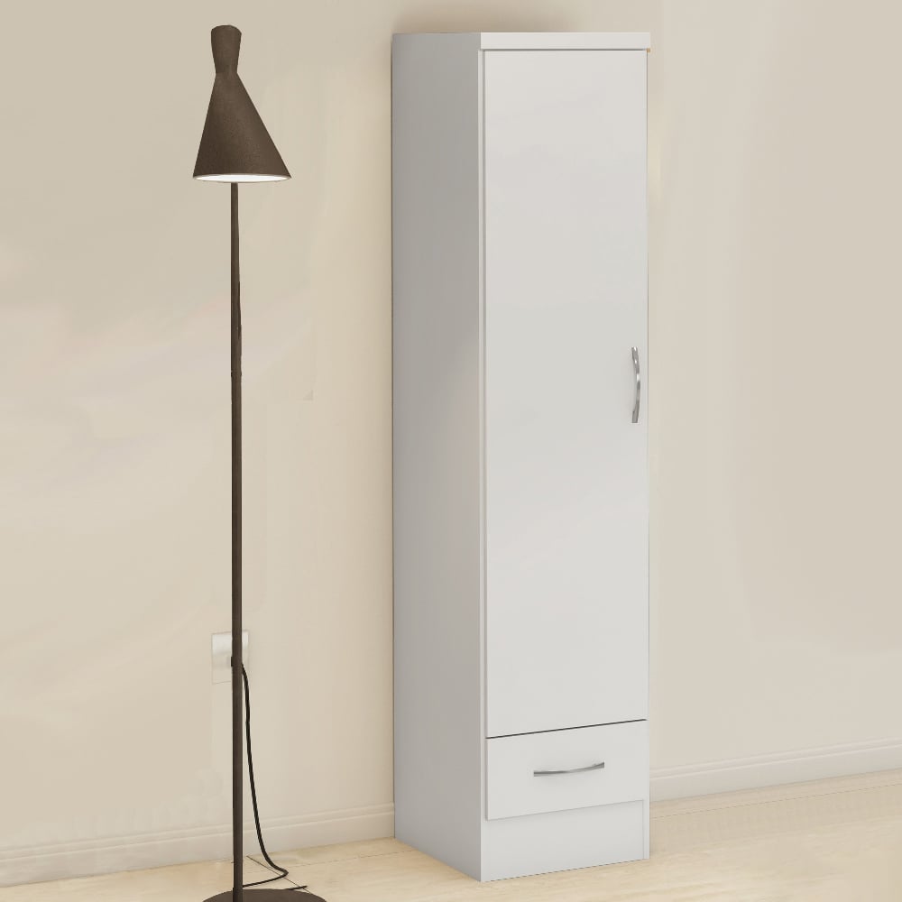 White high gloss wardrobe with 1 door and 1 drawer, 40cm wide, next to a dark floor lamp.