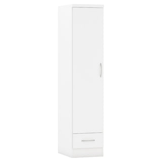 The CHOICEWARDROBE Modara White High Gloss Wardrobe features a slim 40 cm design, one door with a silver handle, a matching single drawer at the bottom, and stands on a flat base—ideal modern storage for small spaces.