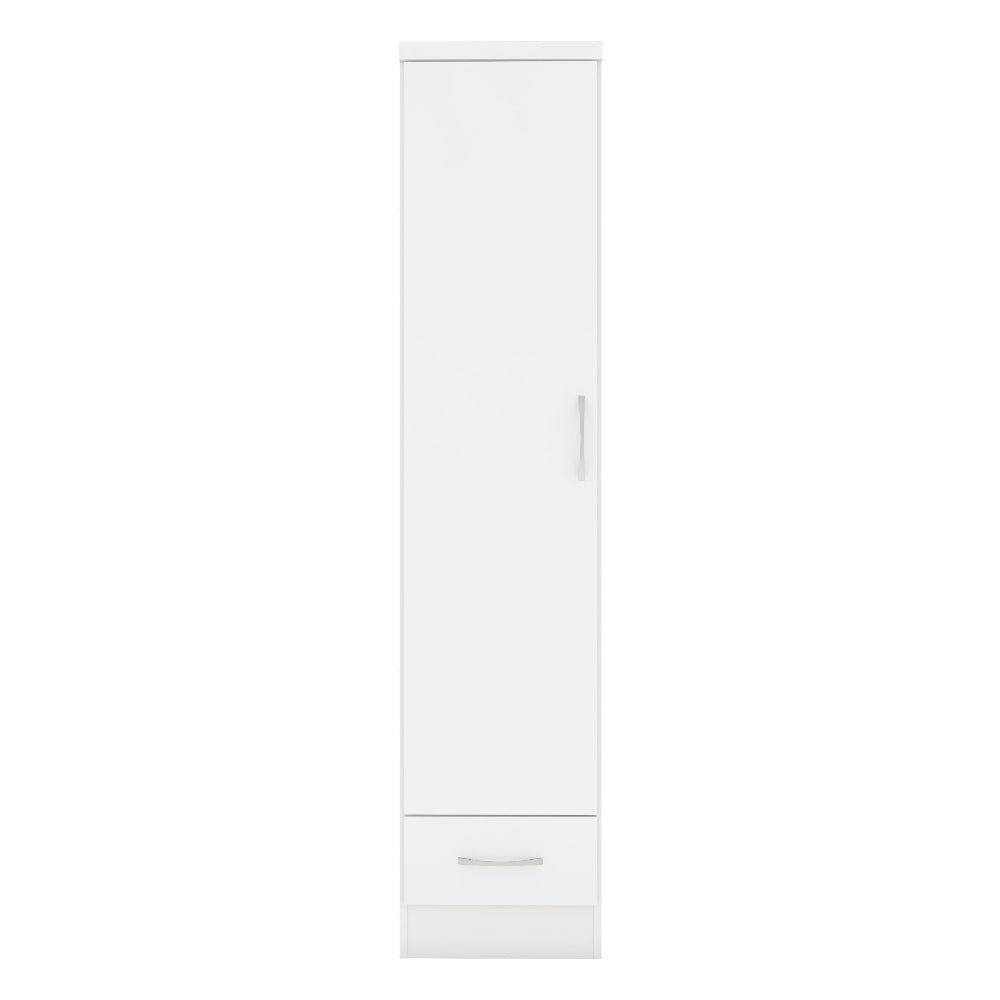 Tall slim white high gloss wardrobe with one door and a drawer