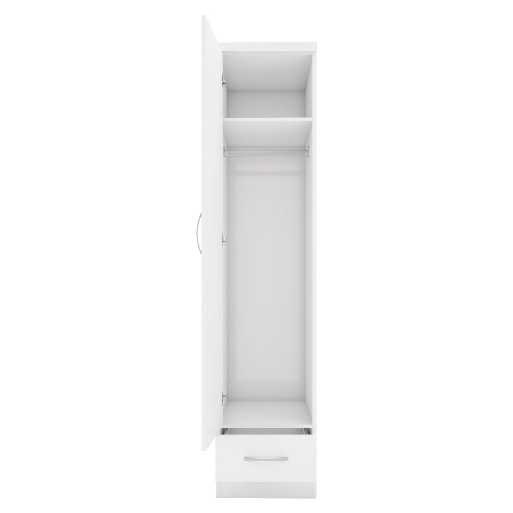 White high gloss slim wardrobe with open door showing shelf, hanging rail, and drawer.
