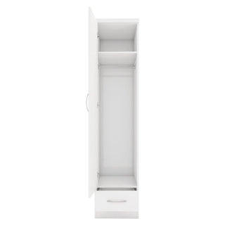 The CHOICEWARDROBE Modara White High Gloss Wardrobe is a slim, 40 cm space-saving unit with an open door revealing an upper shelf, hanging rod, and bottom drawer. It features metal handles and a sleek, modern exterior; the interior is empty.