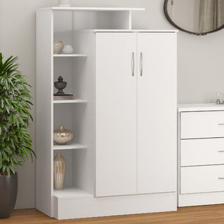 A CHOICEWARDROBE Modara White High Gloss 2-door wardrobe with side shelves stands next to open shelving with decor, a green potted plant on the left, and drawers providing modern bedroom storage.
