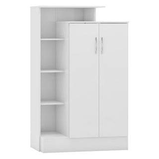 The CHOICEWARDROBE Modara White High Gloss Wardrobe boasts four side shelves and a two-door cupboard with silver handles. Its minimalist Scandinavian style and flat top offer modern, stylish, and practical bedroom storage within 90 cm.