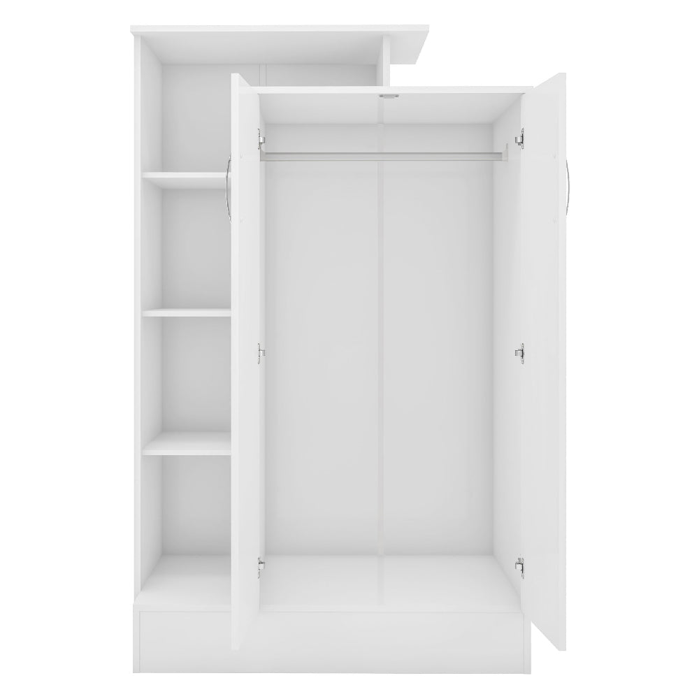 White two-door wardrobe with internal shelves and hanging rail