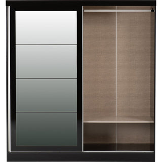 The CHOICEWARDROBE Modora Black High Gloss 2 Door Sliding Wardrobe with Full-Length Mirror offers three left compartments, a right section with hanging rod and two shelves, plus a sleek black high-gloss frame and bright interior for modern storage.