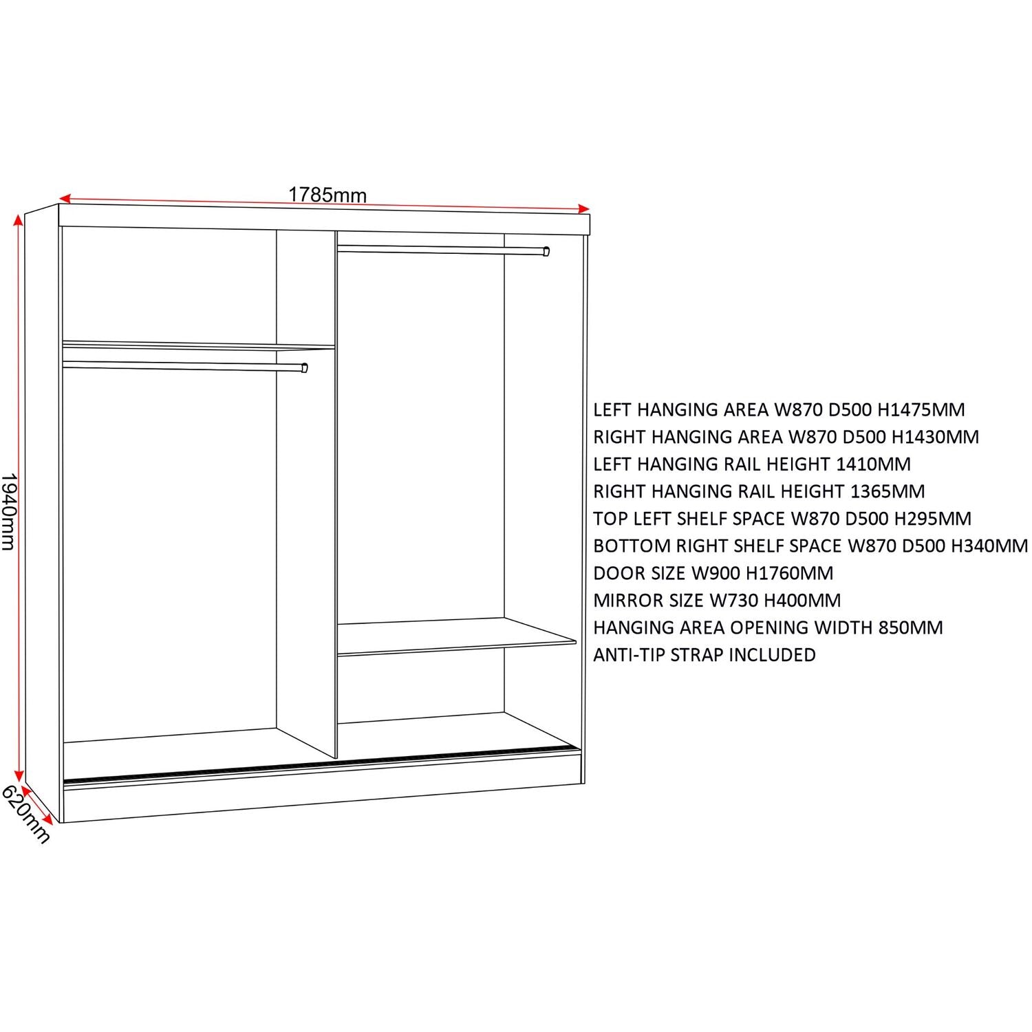 Line drawing of a 2-door black gloss sliding wardrobe with mirrored doors, 1785mm W x 620mm D.