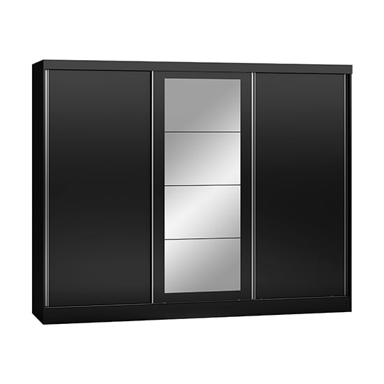 CHOICEWARDROBE Modora black gloss 3-door sliding wardrobe with central mirrored panels.