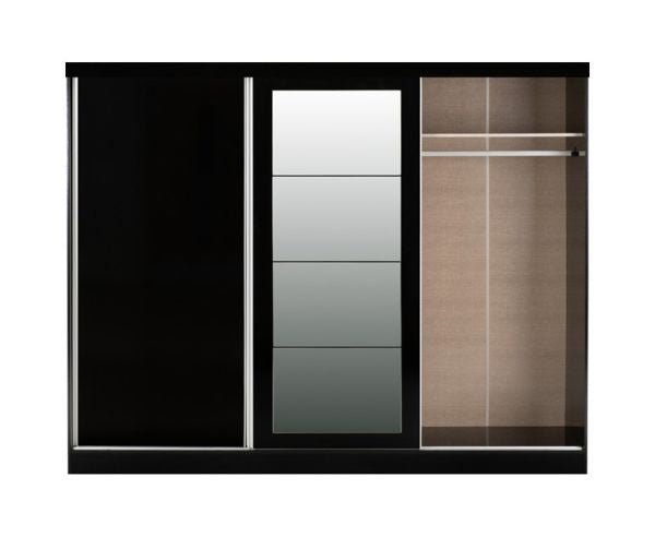 Black high gloss 3-door sliding wardrobe with central mirror panel and open shelf with hanging rail.