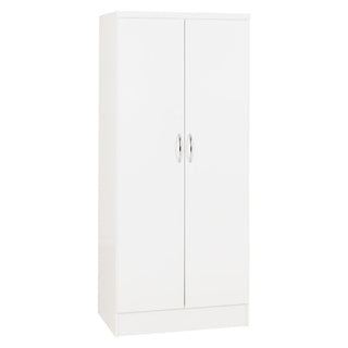 The CHOICEWARDROBE Modora White High Gloss 2 Door Wardrobe features a modern, compact design with sleek gloss fronts and silver handles, standing on a flat base against a plain white background.