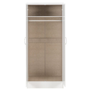The CHOICEWARDROBE Modora White High Gloss 2 Door Wardrobe is a compact, modern storage unit with a sleek gloss front, upper shelf, central metal hanging rod, and beige fabric back panel. Freestanding and empty, it's viewed from the front.