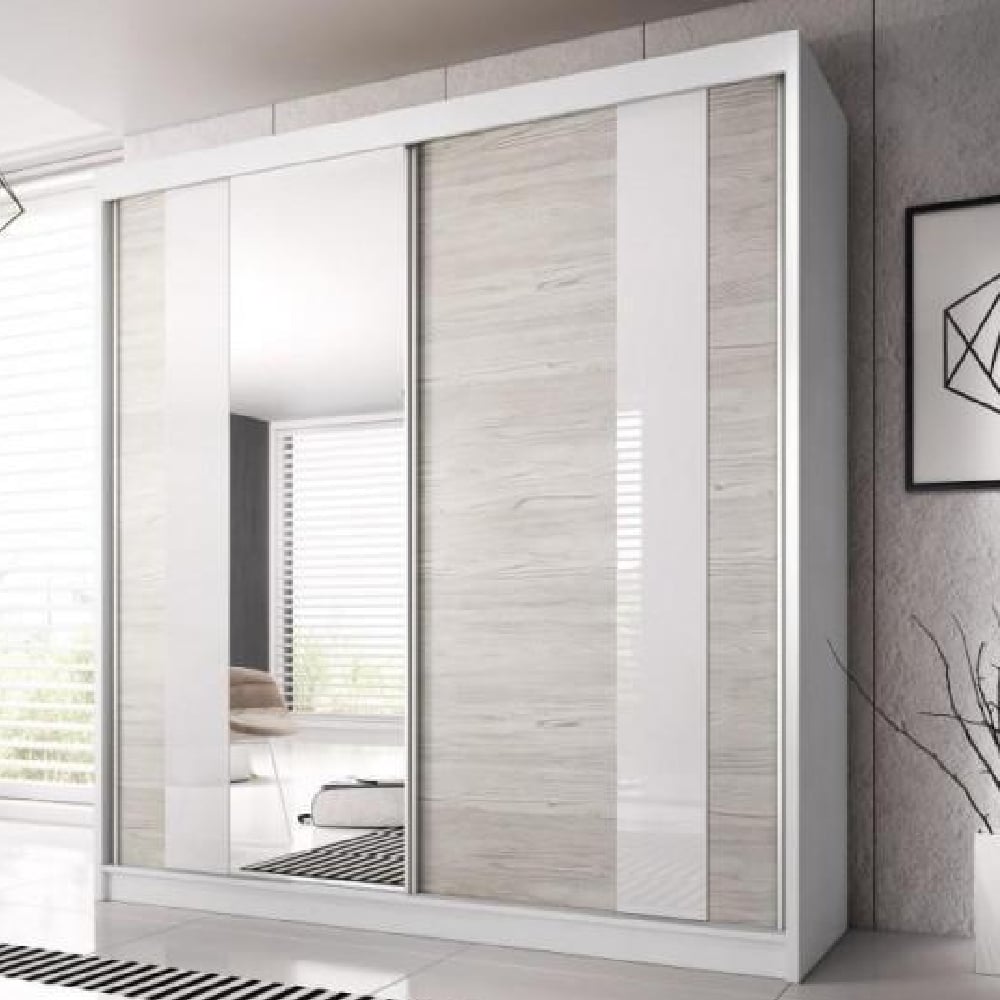 CHOICEWARDROBE Monaro 183cm sliding wardrobe, matt white frame with white oak panels and a mirrored door.
