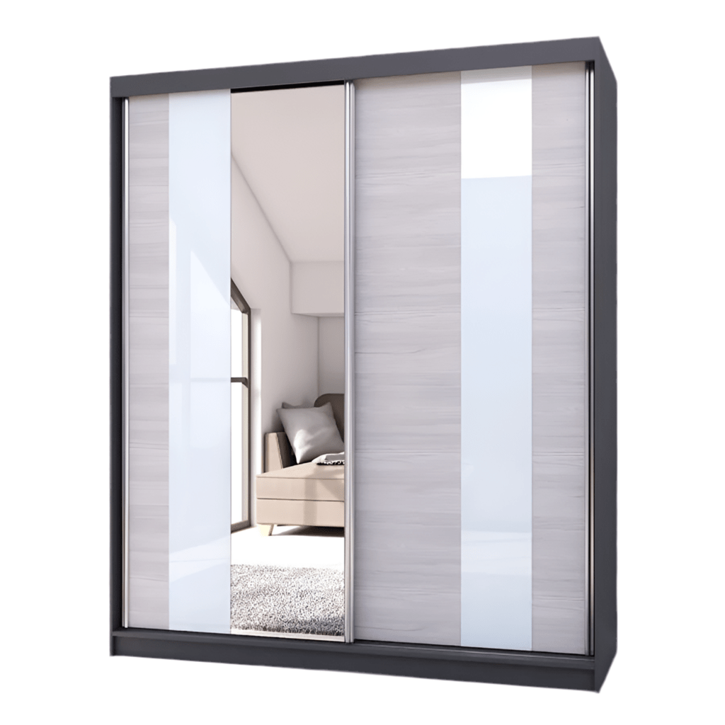 CHOICEWARDROBE Monaro 183cm sliding wardrobe: graphite grey, mirror door, gloss white & light oak panels.