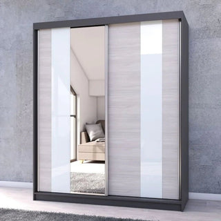 The CHOICEWARDROBE Monaro 183cm Sliding Wardrobe, featuring a graphite grey frame, mirror door, and gloss white with light oak panels, stands against a gray wall and reflects the room for an elegant modern bedroom look.