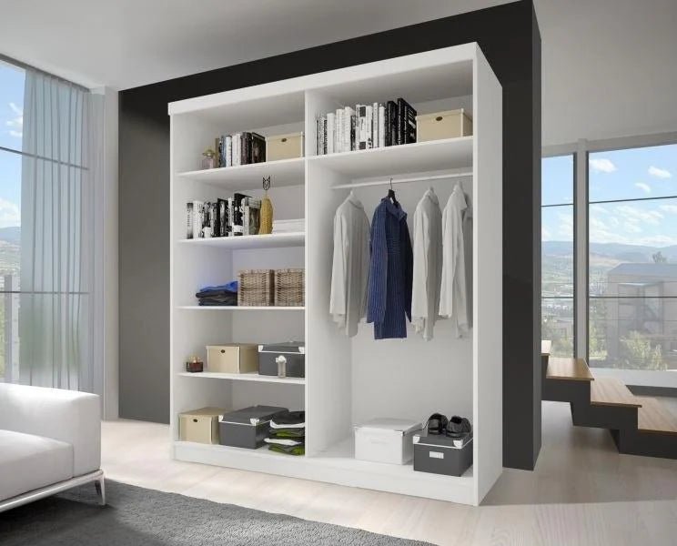 CHOICEWARDROBE Monaro sliding wardrobe with graphite grey frame and mirror door, showing internal shelves and hanging rail.