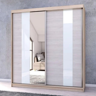 The CHOICEWARDROBE Monaro 203cm sliding wardrobe, with a Sonoma Oak frame, mirror door, and gloss white and light oak panels, sits against a gray wall reflecting a chair and window.