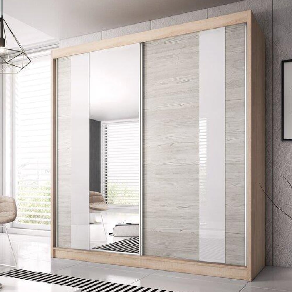 CHOICEWARDROBE Monaro 203cm 2-door sliding wardrobe: Sonoma Oak, White Gloss, and mirror door.