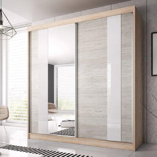 The CHOICEWARDROBE Monaro 203cm 2 Door Sliding Wardrobe features a Sonoma oak frame, mirror door, and gloss white and light oak panels, adding a modern touch to any bright, minimalist room.