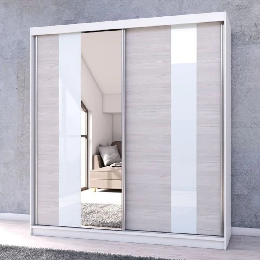 CHOICEWARDROBE Monaro 203cm sliding door wardrobe with mirrored panel and light oak/white gloss doors.