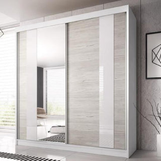 The CHOICEWARDROBE Monaro 203cm Sliding 2 Door Wardrobe features a matt white frame, one mirrored door, and gloss white plus light oak panels—an ideal mirrored wardrobe for bright, modern bedrooms with minimalist style.