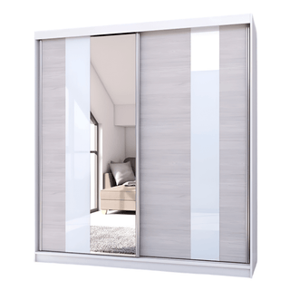 The CHOICEWARDROBE Monaro 203cm Sliding 2 Door Wardrobe features a matt white frame, a mirror door, and gloss white and light oak panels to enhance the space by reflecting your bedroom’s décor.