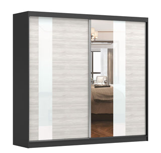 ChoiceWardrobe Monaro 203 cm sliding wardrobe with matt black frame and mirror doors featuring gloss white and light oak panels – modern compact storage for UK bedrooms.